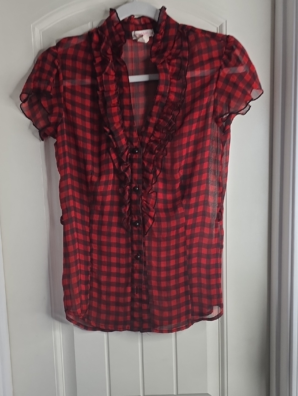 one clothing Red and Black Checked Ruffle Button Blouse